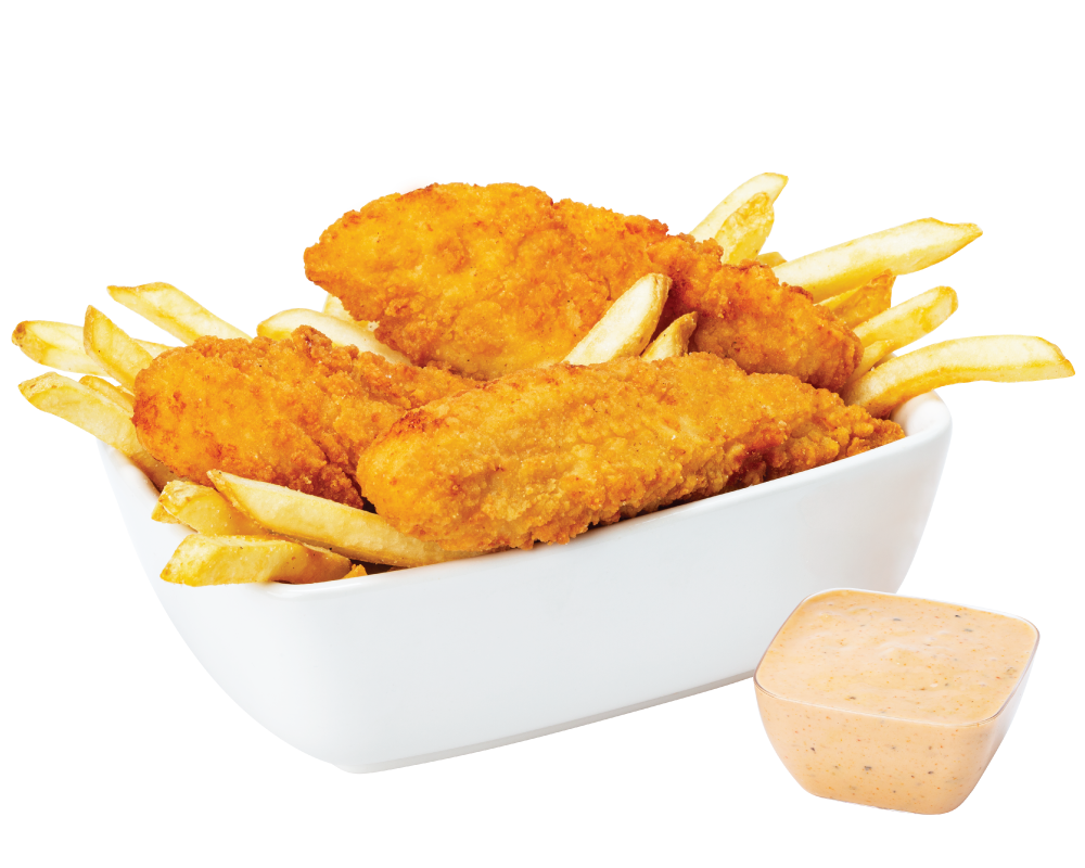 Chicken Tender boat with fries and Blake's sauce