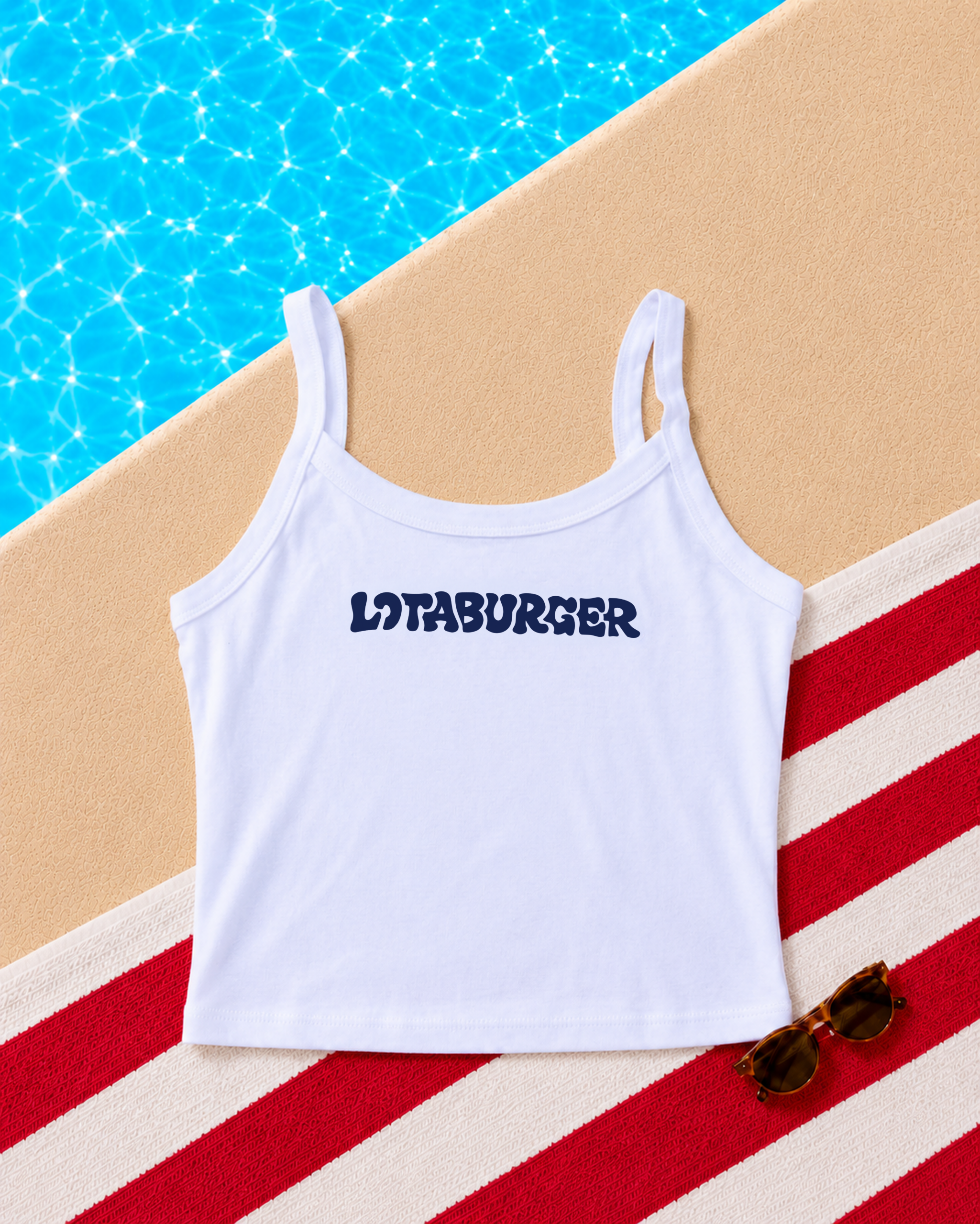 A white tank top with LOTABURGER written on blue across the chest