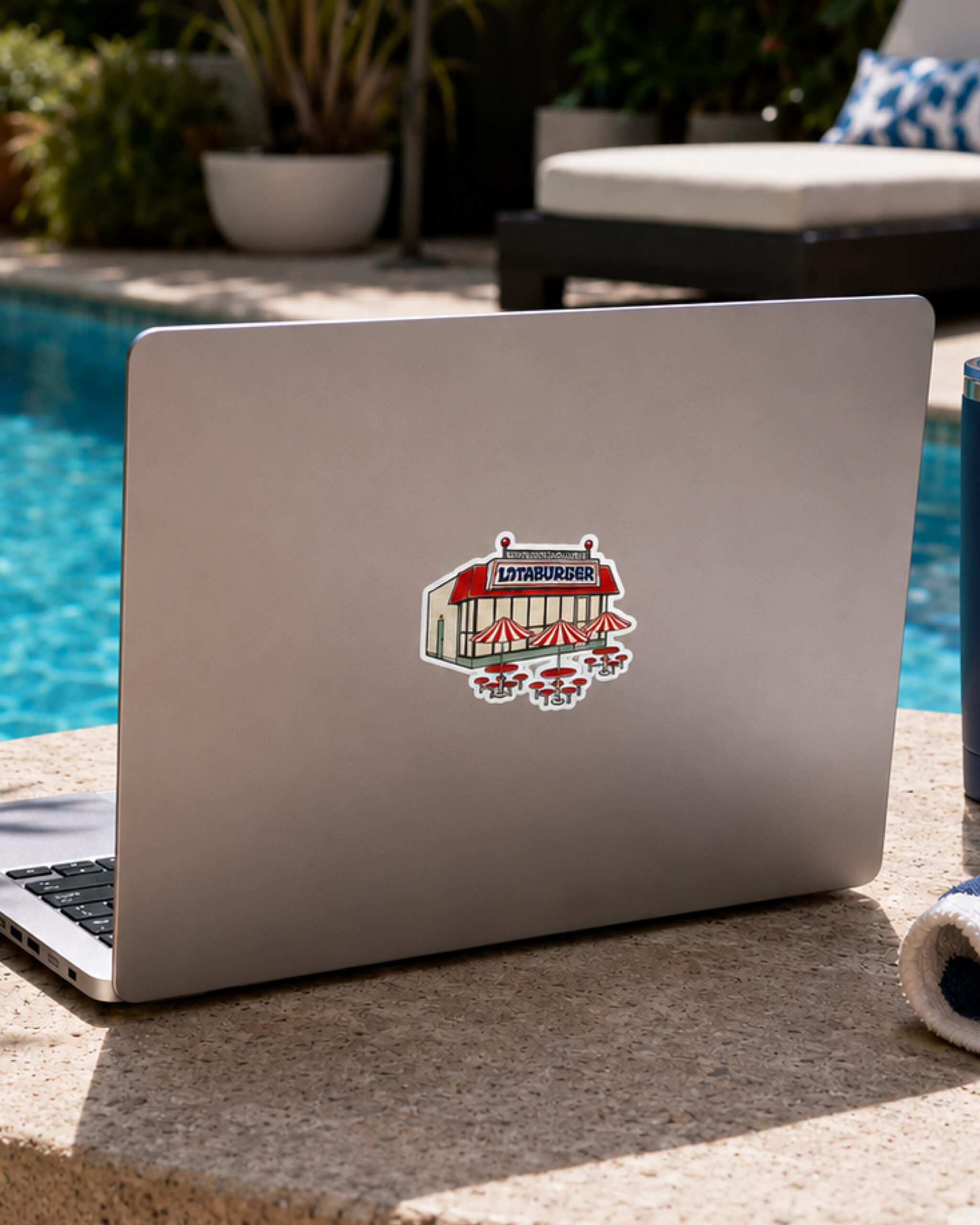 A laptop with a sticker of a classic blakes lotaburger location on it