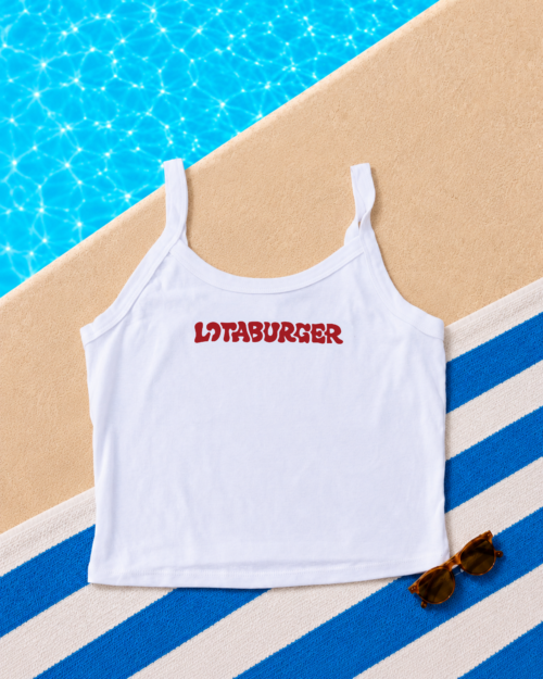 A white ribbed tank top with LOTABURGER in red across the chest