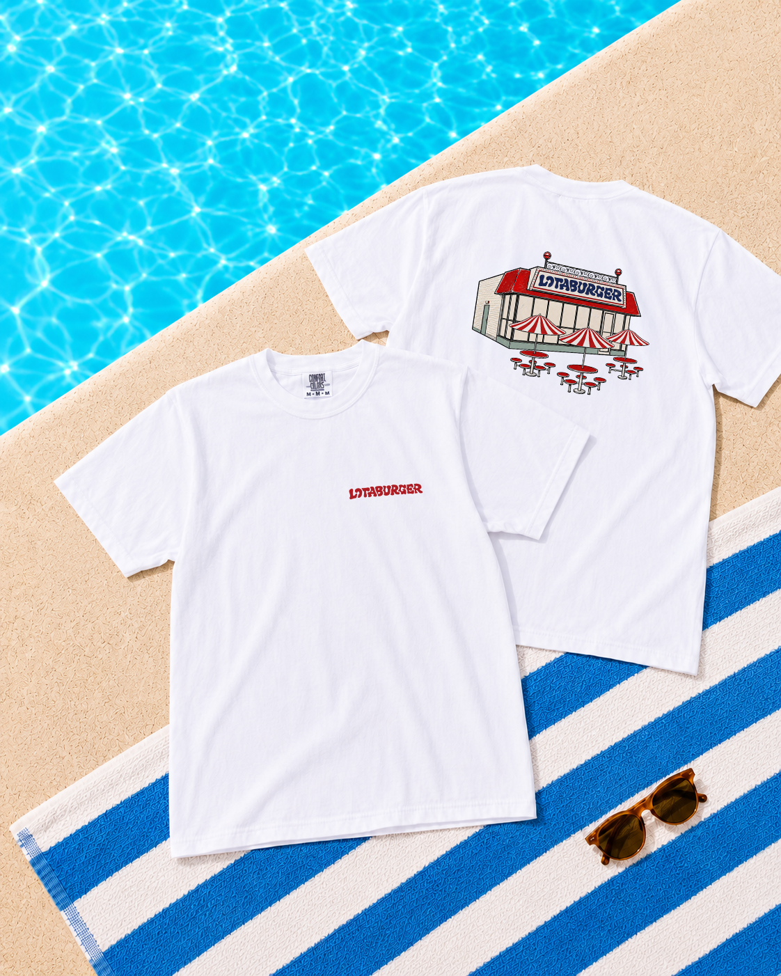 A white t-shirt with LOTABURGER on the front and a classic Blake's LOTABURGER location on the back