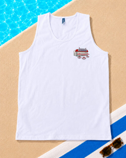 A white tank top with a classic blakes lotaburger location on it